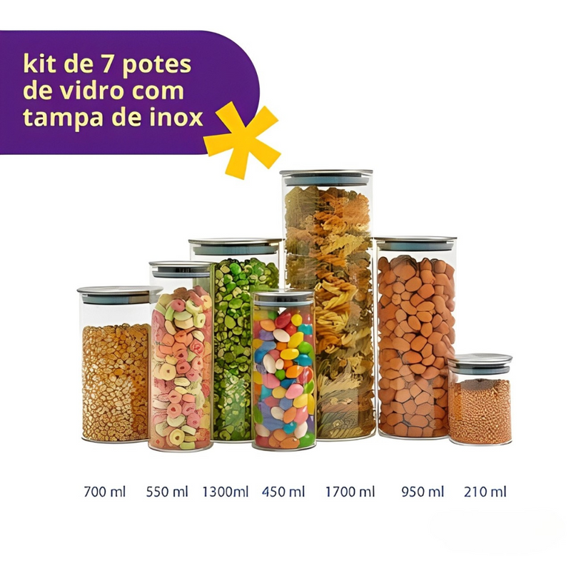 FreshLock™ - Kit 7 Potes Herméticos De Vidro Com Tampa Inox + (BRINDE EXCLUSIVO)