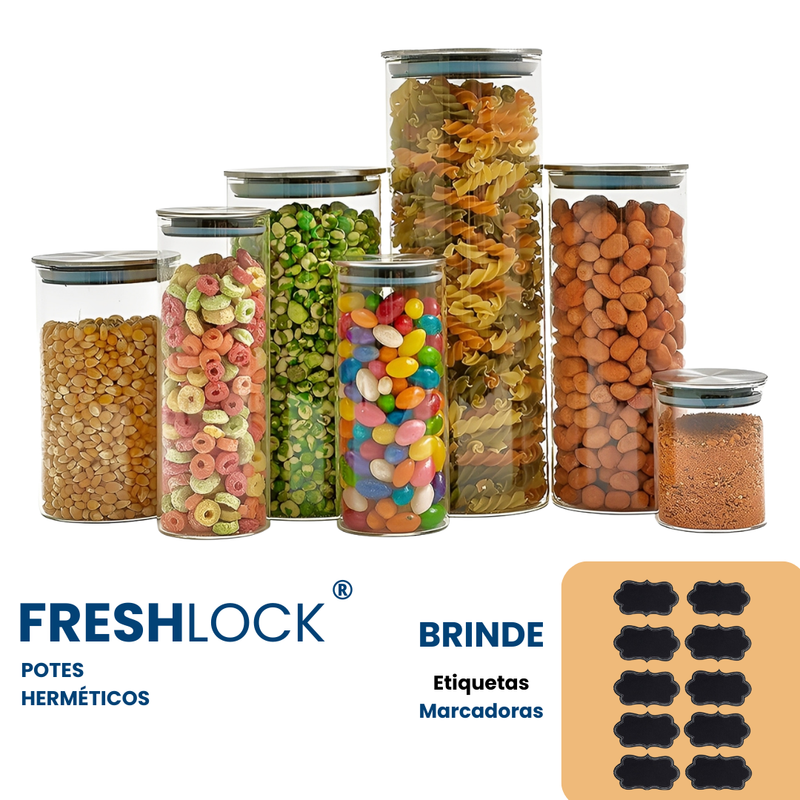 FreshLock™ - Kit 7 Potes Herméticos De Vidro Com Tampa Inox + (BRINDE EXCLUSIVO)